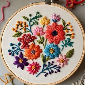Floral Embroidery Hoop Art - Multicolor